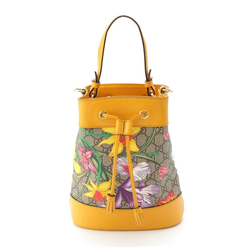Gucci Leather GG Supreme Flora Flower Shoulder Drawstring Handbag Yellow